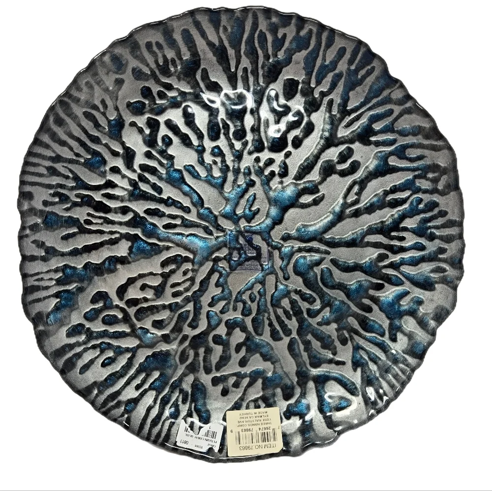Three Hands Coral Blue Dish Platter Plate Hand Painted Sea Ocean Beachy Look